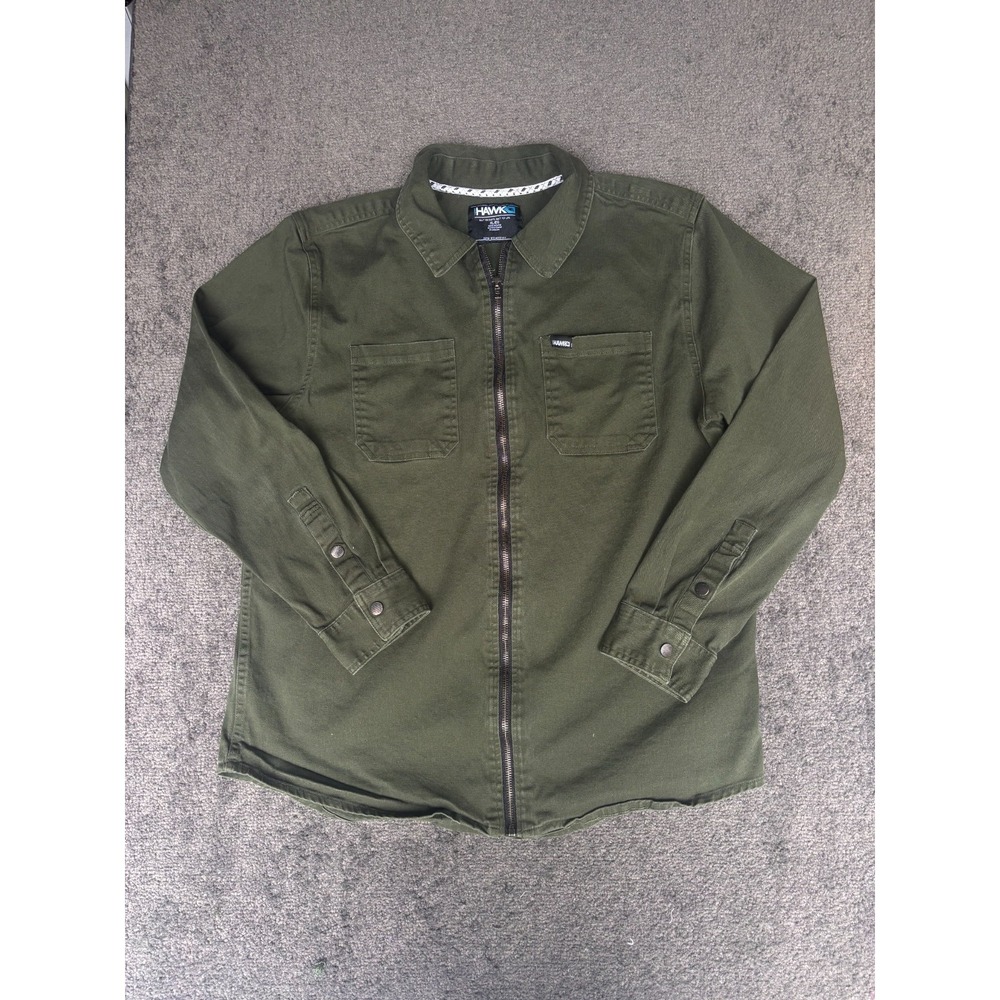 Tony Hawk Shirt Men XL Olive Green‎ Collared Full Zip Cotton Stretch Long Sleeve
